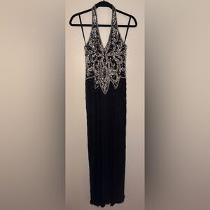 Elegant Vintage Navy Blue Long Silver Beaded Dress
